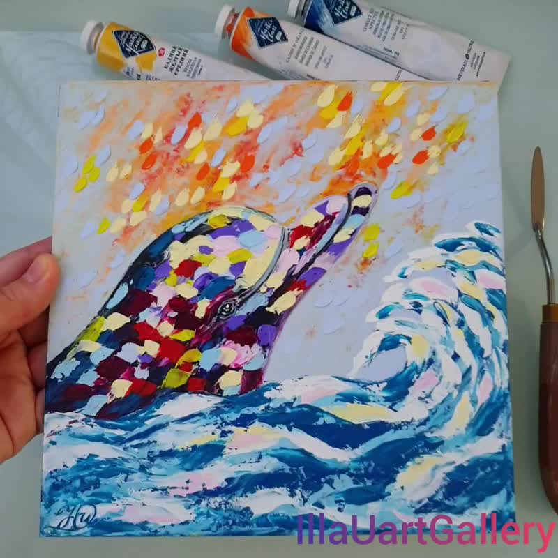 Dolphin Painting Ocean Original Art Underwater Wall Art Small Oil Painting - 海报/装饰画/版画 - 其他材质 多色