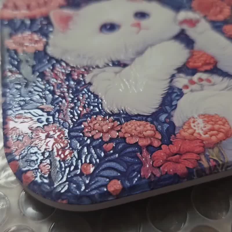 花草布偶猫-晶雕陶瓷吸水杯垫 - 杯垫 - 陶 蓝色