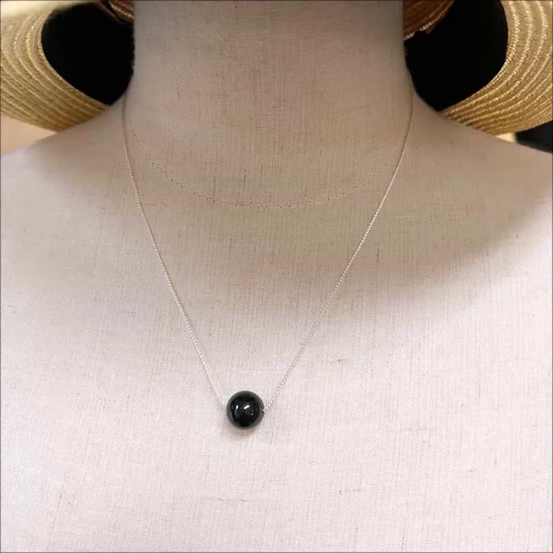 宝石项链 12mm 黑碧玺银链 圆珠天然石项链 10 月诞生石 链长可调 - 项链 - 半宝石 黑色