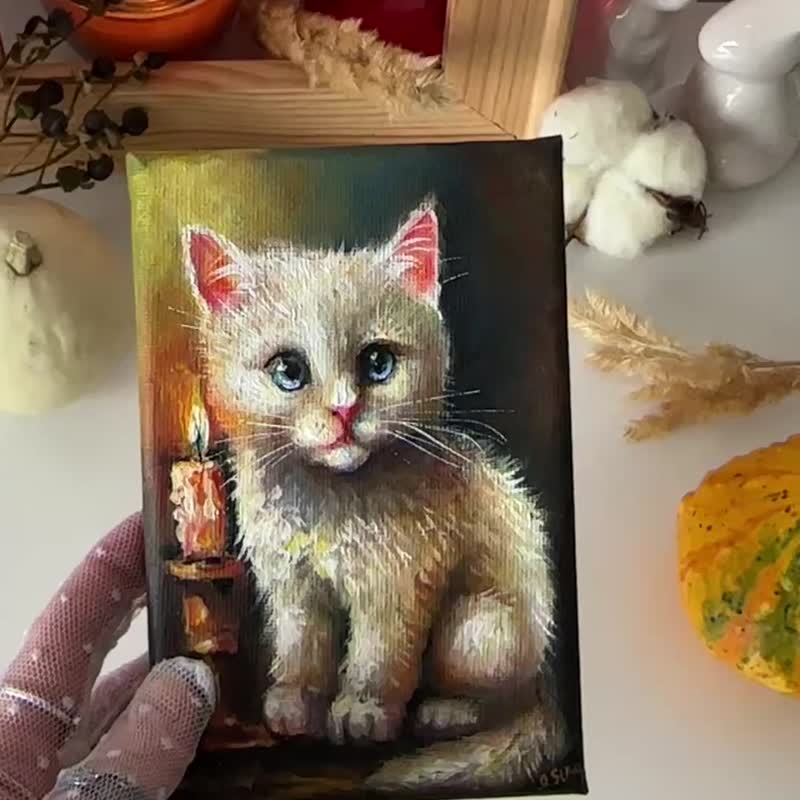 白色猫咪画布画作、可爱动物、猫咪壁挂艺术、白色小猫、猫咪摆饰 - 墙贴/壁贴 - 棉 多色