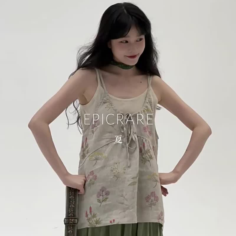 亞麻粉花 系帶吊帶背心 日系文藝復古休閒百搭寬松細肩帶上衣 - 女装背心 - 棉．麻 卡其色
