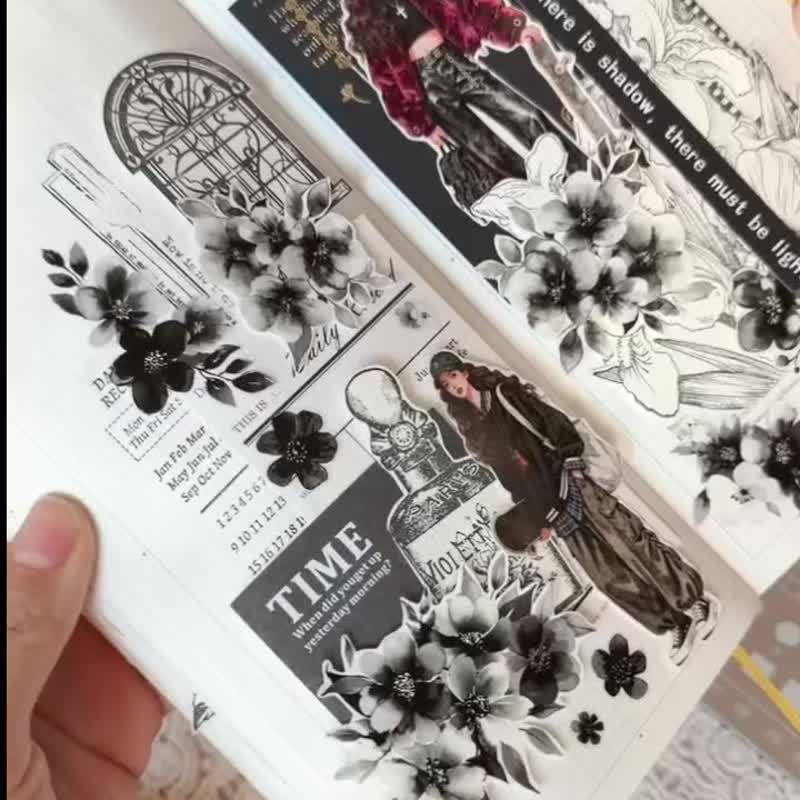 東西社文創 【墨幽纏花】 PET切模手帳貼紙 黑白花暗黑系 - 纸胶带 - 其他材质 