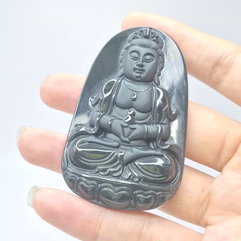 墨翠 双抛光 坐姿观音吊坠 牌件 | 天然缅甸玉A货翡翠 - 项链 - 玉石 