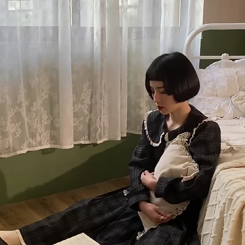 黑灰格紋 米色花邊拼接設計復古百褶蓬蓬半身裙 鬆緊高腰長款裙子 - 裙子 - 聚酯纤维 黑色
