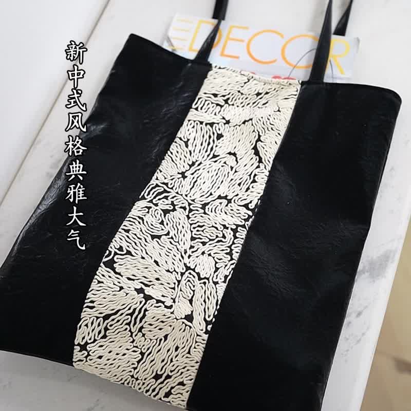 月影新中式拼接刺绣小众设计通勤秋冬大容量托特包 - 侧背包/斜挎包 - 人造皮革 黑色