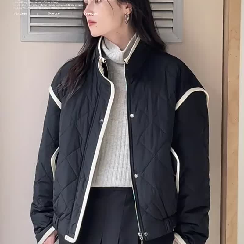 黑色 自由黑白 3M新雪麗暖絨棉立領棉衣 黑色外套中短款棉服 - 女装休闲/机能外套 - 聚酯纤维 黑色