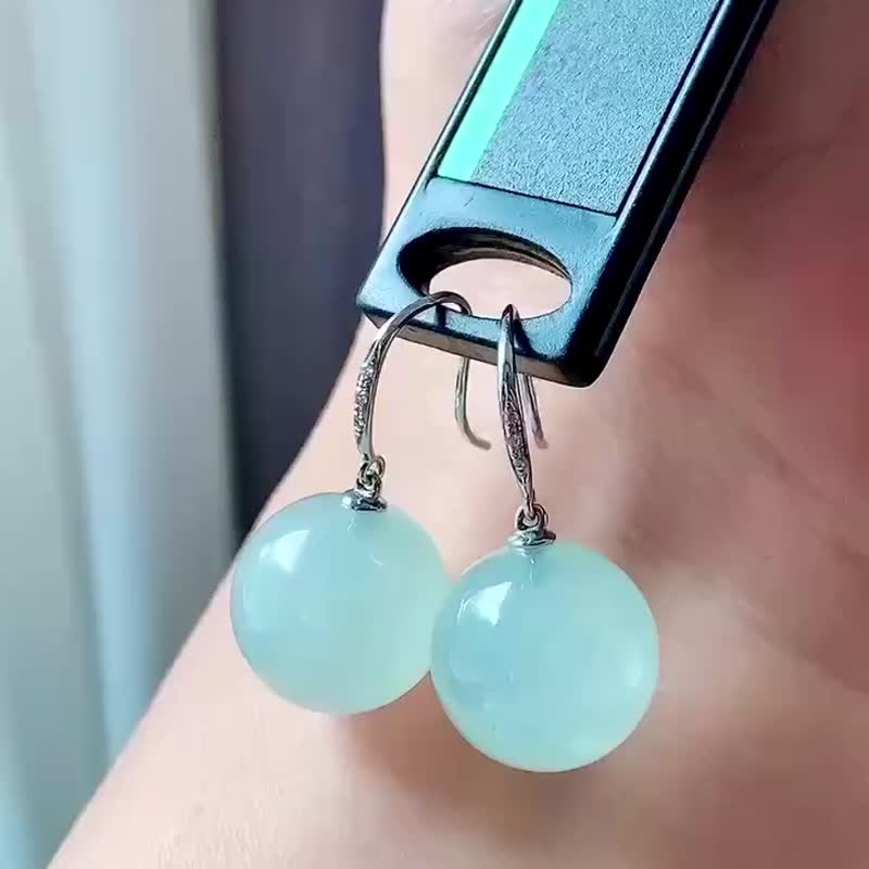 冰种翡翠 天然翡翠 A玉 耳坠 耳钉 • 18k金冰种单珠翡翠耳环 - 耳环/耳夹 - 玉石 