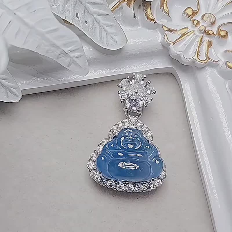 |神秘星空蓝|A货翡翠冰玻饱满蓝佛公11.6mm纯银镀18k精致豪镶吊坠 - 项链 - 玉石 