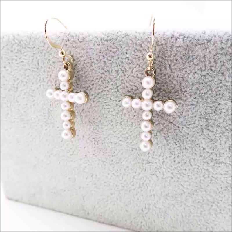 十字架耳环-合金高亮仿珍珠款-925银镀金耳勾 信仰耳环 - 耳环/耳夹 - 珍珠 白色