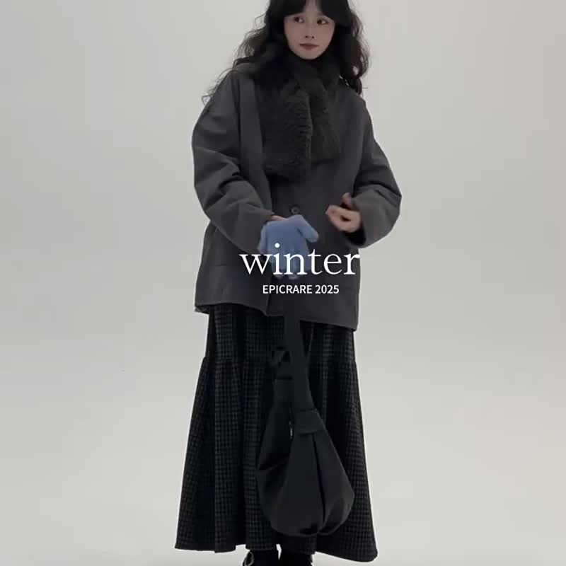 黑色格紋 冬日小溫泉 加厚格子蛋糕裙 復古文藝休閒減齡半身裙 - 裙子 - 棉 黑色