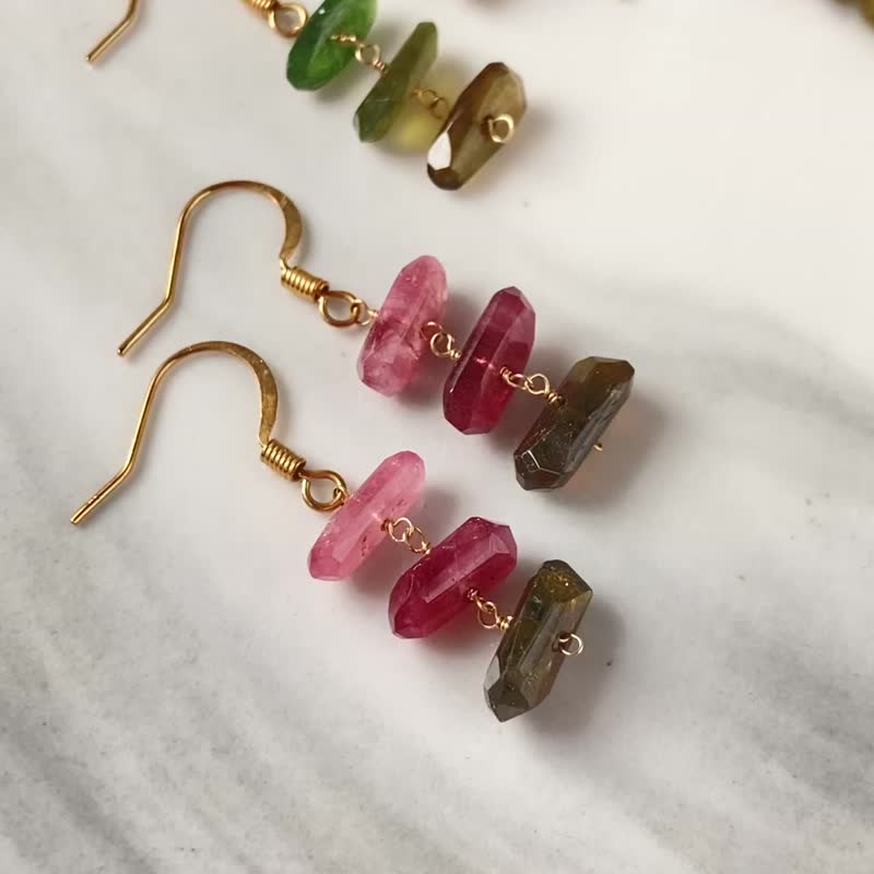 14KGF 碧玺 粉色渐变 耳环 / 耳夹 / 十月诞生石 / 独一无二 - 耳环/耳夹 - 宝石 粉红色