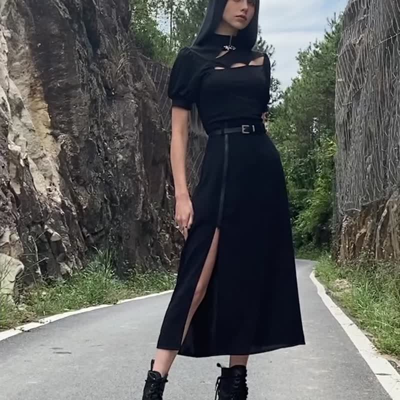 赛博庞克魔法师开衩长半裙 / 附腰带 - 裙子 - 其他材质 黑色