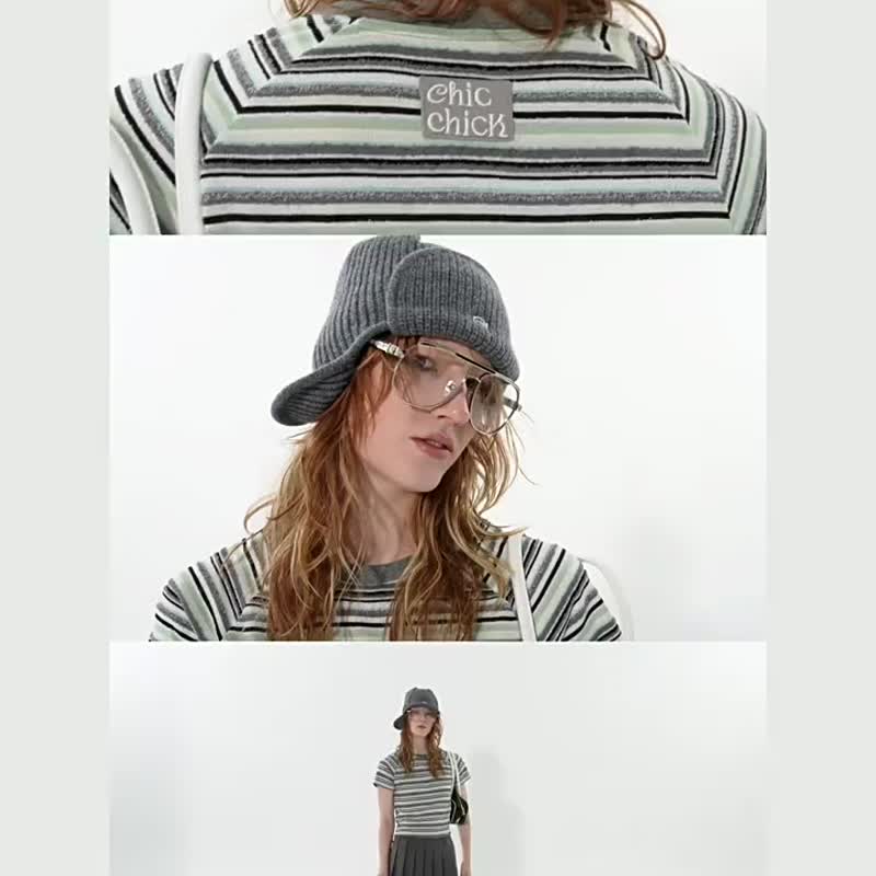 灰綠條紋 柔軟親膚條紋毛巾面料刺繡短袖T恤 - 女装上衣 - 聚酯纤维 绿色