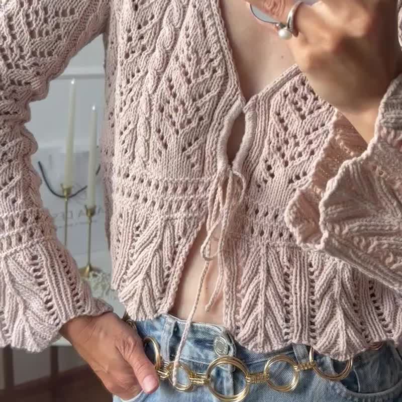 喇叭袖蕾丝针织上衣 绑带前襟开襟衫 棉质夏季毛衣 女 S - 女装上衣 - 棉．麻 