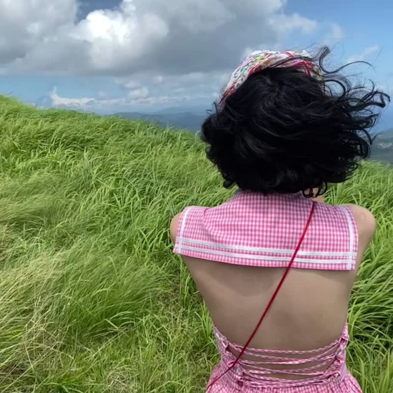 cherrywine 女款粉色棉麻小格子海军领露背系带蝴蝶结法式少女 - 女装上衣 - 棉．麻 粉红色