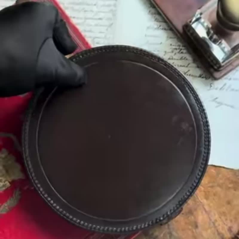 51097-罕见法国古董手工缝制硬皮革大型蕾丝收纳盒 - 收纳用品 - 真皮 