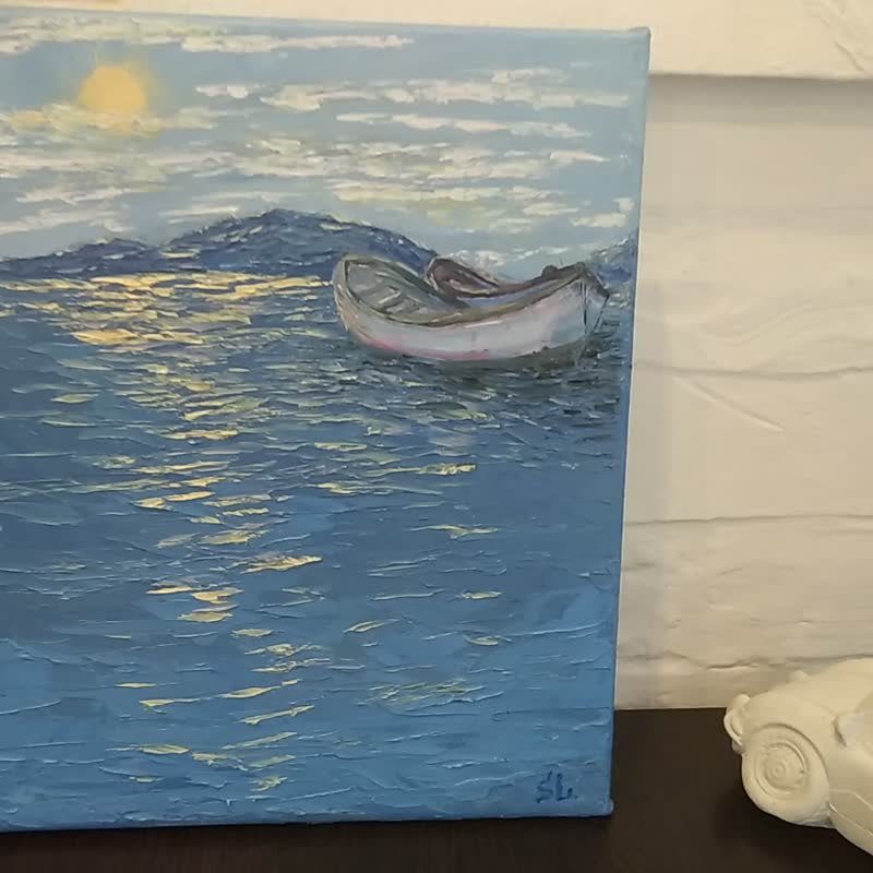 Oil Painting Boat Wall Art Sky Seascape Original Art Pier Dawn Calm Shore Rocks - 海报/装饰画/版画 - 其他材质 蓝色