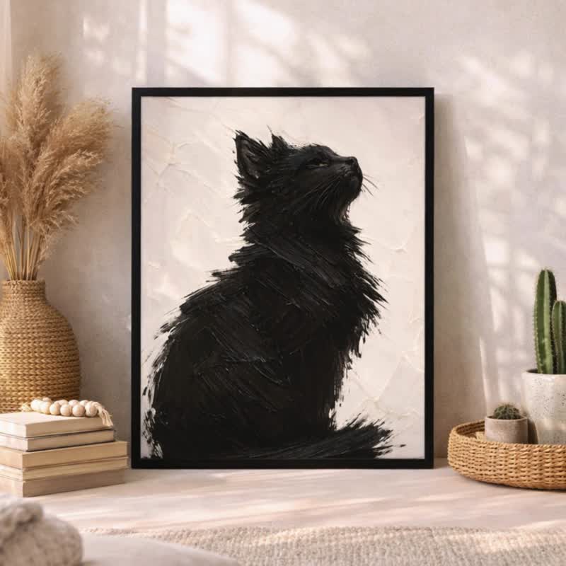 抽象黑猫海报 极简风猫咪挂画 无框艺术海报 现代家居墙面装饰 - 海报/装饰画/版画 - 纸 