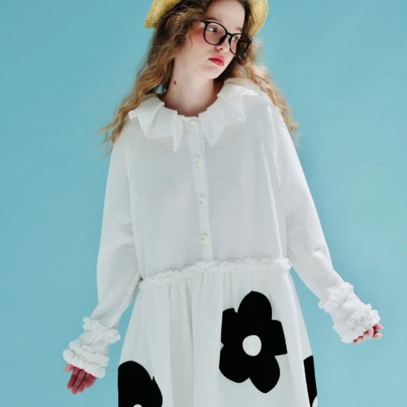 黑色大花白色长袖连身裙 / 洋装 裙子 秋冬 - 洋装/连衣裙 - 其他材质 白色