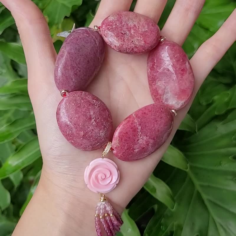稀有玫瑰石 蔷薇辉石 女皇贝玫瑰 碧玺流苏 大宝石手链 单品 礼物 - 手链/手环 - 宝石 粉红色