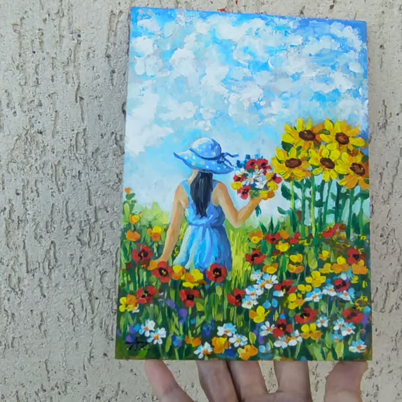 一個女孩的照片是 100% 手繪在紙板上的油。 少女在花草甸採集了 - 海报/装饰画/版画 - 其他材质 多色