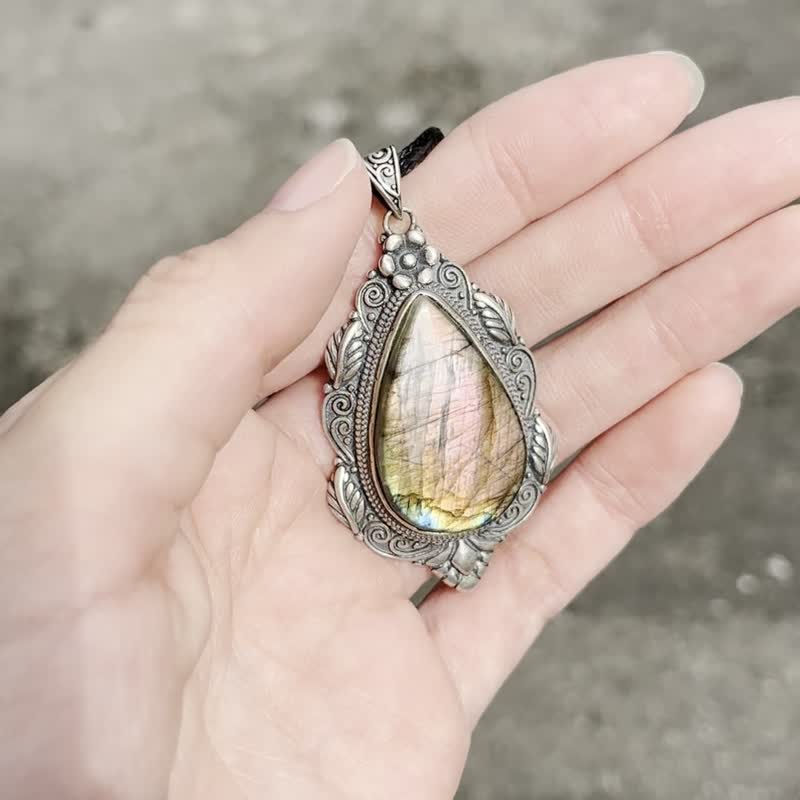 喜迎瑶 925银 拉长石 粉色拉长石 吊坠 项链 民族风 嬉皮 复古风 - 项链 - 水晶 银色