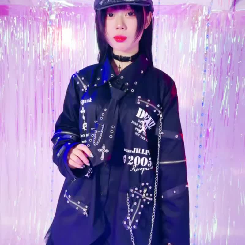 原创庞克英伦乐团风亡灵序曲项链领带十字架中性长袖衬衫JJ2563 - 男装衬衫 - 聚酯纤维 