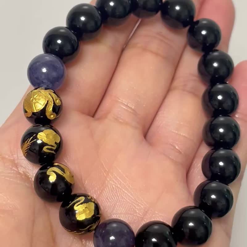 日本人气 金雕四神兽黑玛瑙 x 五行水晶手串 水属性 10mm - 手链/手环 - 半宝石 黑色
