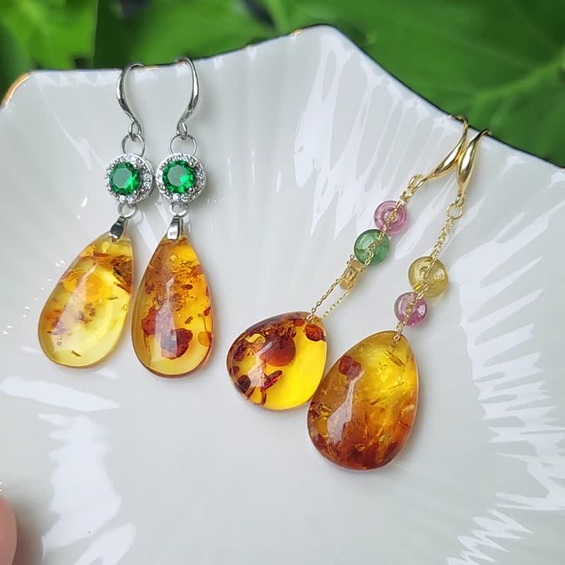 顶级 琥珀 金珀 招财 水滴 碧玺 古钱 招财 不对称 大宝石 耳环 - 耳环/耳夹 - 宝石 黄色