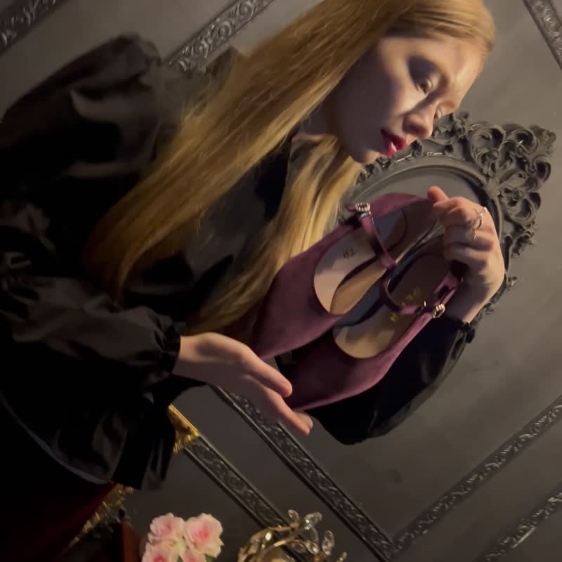 Dorothy 珍珠系带丝绒平底鞋 - 紫罗兰色 - 女款休闲鞋 - 其他材质 紫色