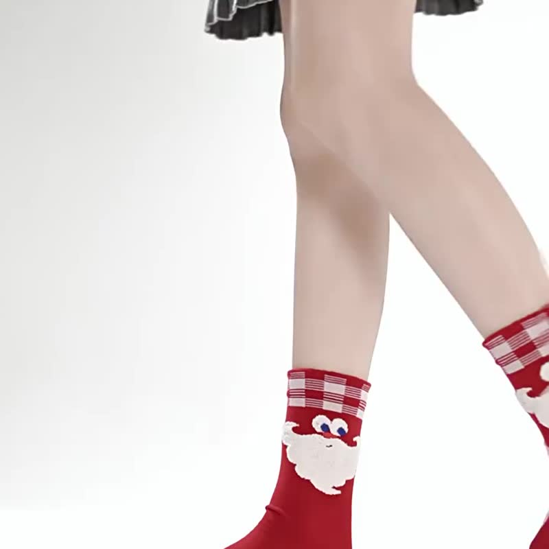 圣诞冬季卡通女士3双组合棉袜  圣诞红绿色棉质袜中筒袜 - 袜子 - 棉．麻 