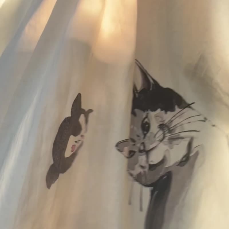 倦怠台湾猫裙 插画家福画的猫的世界 - 洋装/连衣裙 - 棉．麻 白色