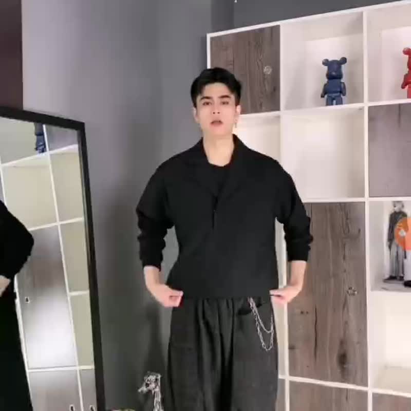秋季西装领休闲卫衣 男士黑色宽松上衣 - 男装上衣/T 恤 - 聚酯纤维 黑色