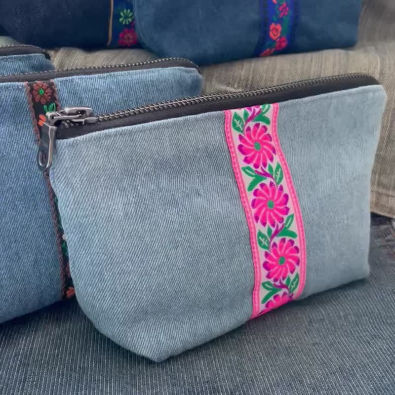 Denim Pouch 牛仔布 丹宁 收纳袋 化妆袋 杂物包 - 化妆包/杂物包 - 棉．麻 白色