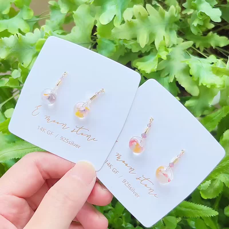 手工花火彩琉璃 胖水滴泡泡耳链可调节长度 14K 注金 - 耳环/耳夹 - 琉璃 多色