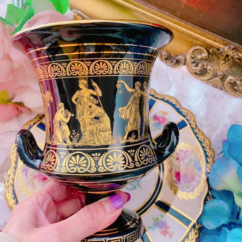 希腊制古董花瓶手工手绘24金描金 Greece 希腊手工陶瓷花瓶 花器 - 花瓶/陶器 - 陶 黑色