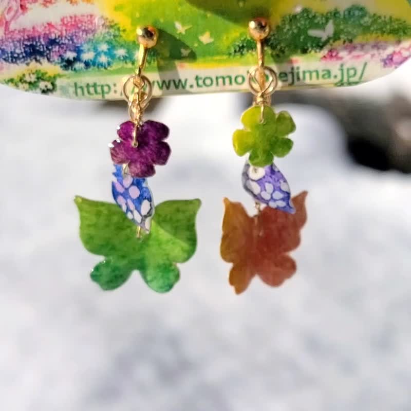 【彩虹蝶语】S号 水彩画耳饰 双面设计 14KGF 花卉 和服 日式 深蓝 靛蓝 - 耳环/耳夹 - 其他金属 橘色