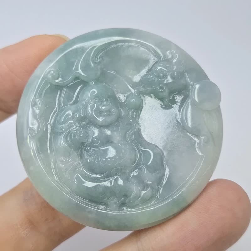 镯心 天空蓝飘花 佛公乘龙 弥勒佛 佛公吊坠 | 天然缅甸玉A货翡翠 - 项链 - 玉石 