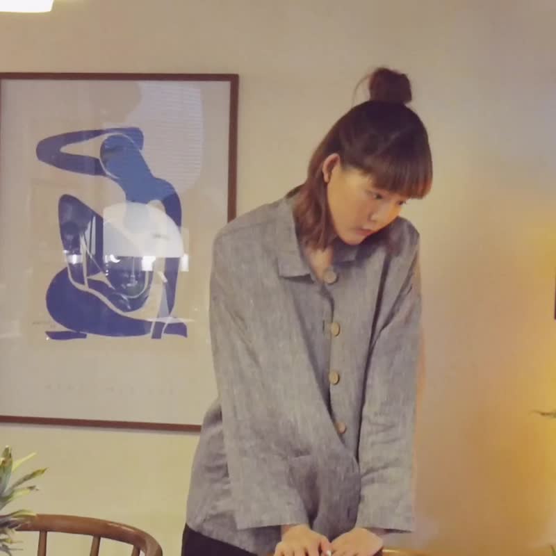 亚麻廓形外套 - 蓝色牛仔 । 绉织布 - 女装休闲/机能外套 - 亚麻 蓝色