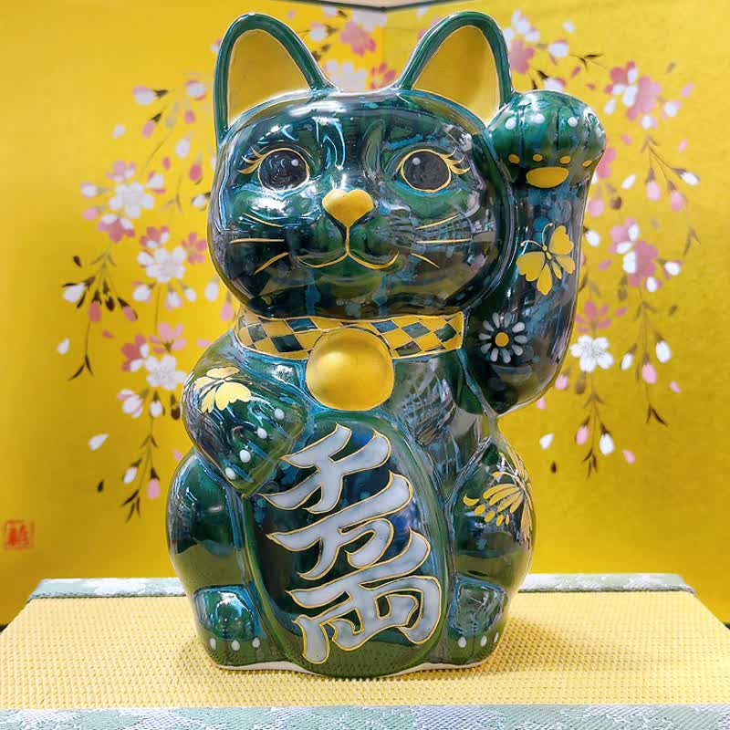 【翠蝶聚福】日本清水烧招财猫 | 古地深绿 - 特大 - 摆饰 - 瓷 绿色