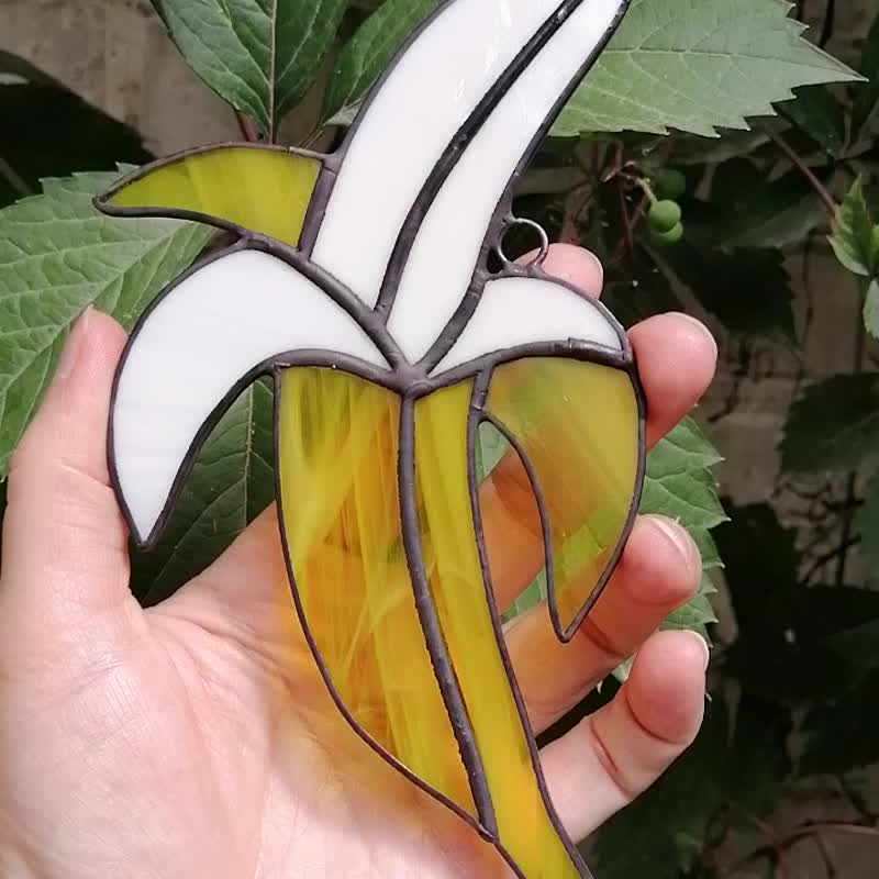 香蕉彩色玻璃阳光捕手窗户挂饰。大蕉水果厨房艺术装饰 - 墙贴/壁贴 - 玻璃 黄色