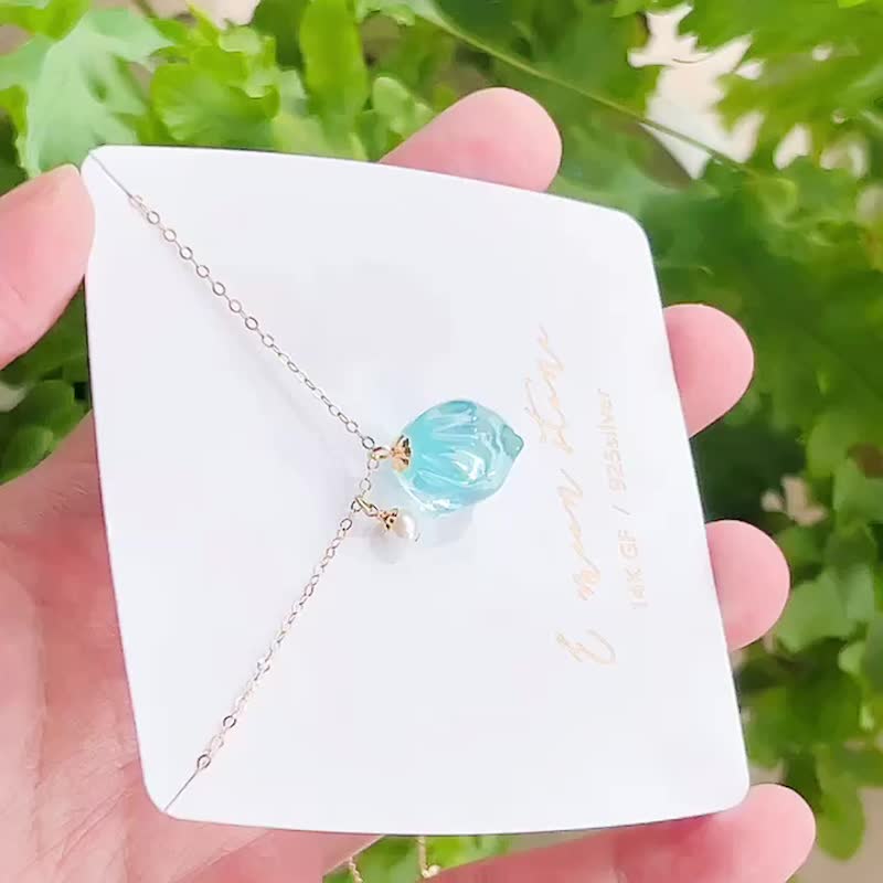 晴空蓝 圆滚滚肥兔几 天然海蓝宝石锁骨链 宝石级别光感 - 项链 - 水晶 蓝色