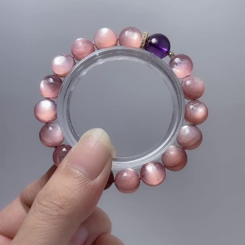 天然矿石 顶级粉锂云母10mm 顶级巴西紫水晶 手链 - 手链/手环 - 宝石 粉红色