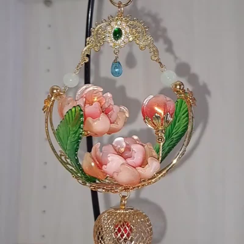 微光+琉璃系列【芍药花蓝】 提灯∕ 吊饰~可拆式流苏(可换电池) - 吊饰 - 玻璃 红色