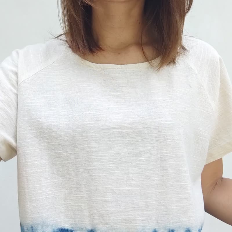 Leda Line - 靛蓝色扎染宽松喇叭下摆上衣 - 女装上衣 - 棉．麻 白色