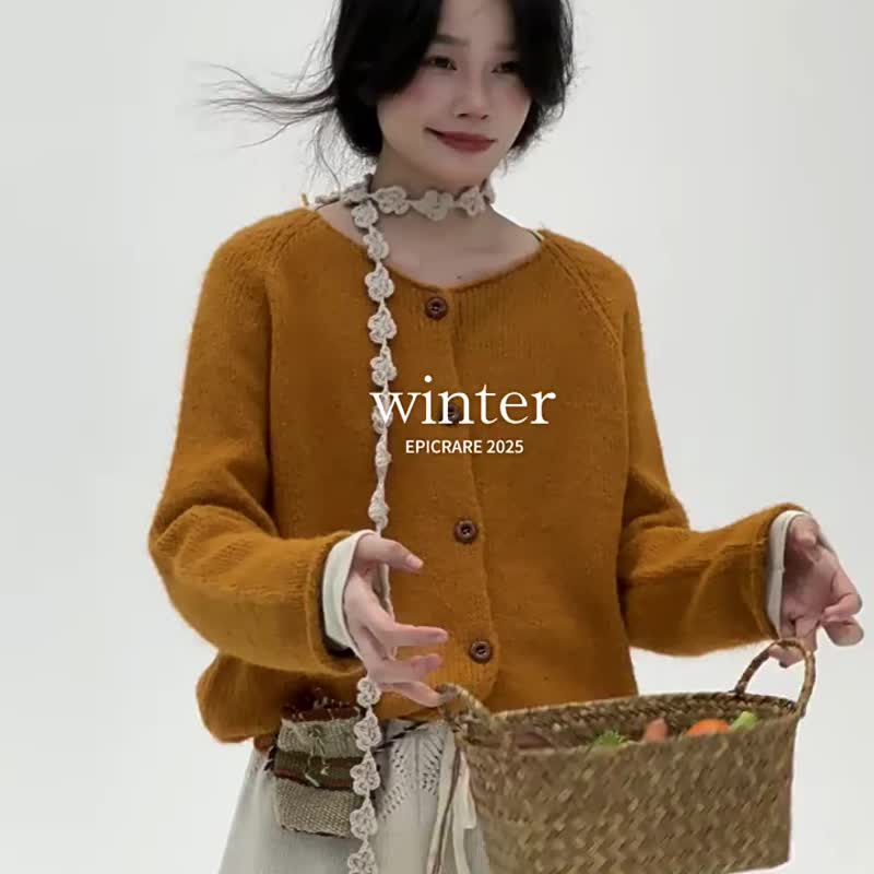3顔色 圓領扣子卷邊毛衣 秋冬復古文藝開衫 舒適簡約百搭休閒上衣 - 女装针织衫/毛衣 - 其他人造纤维 橘色