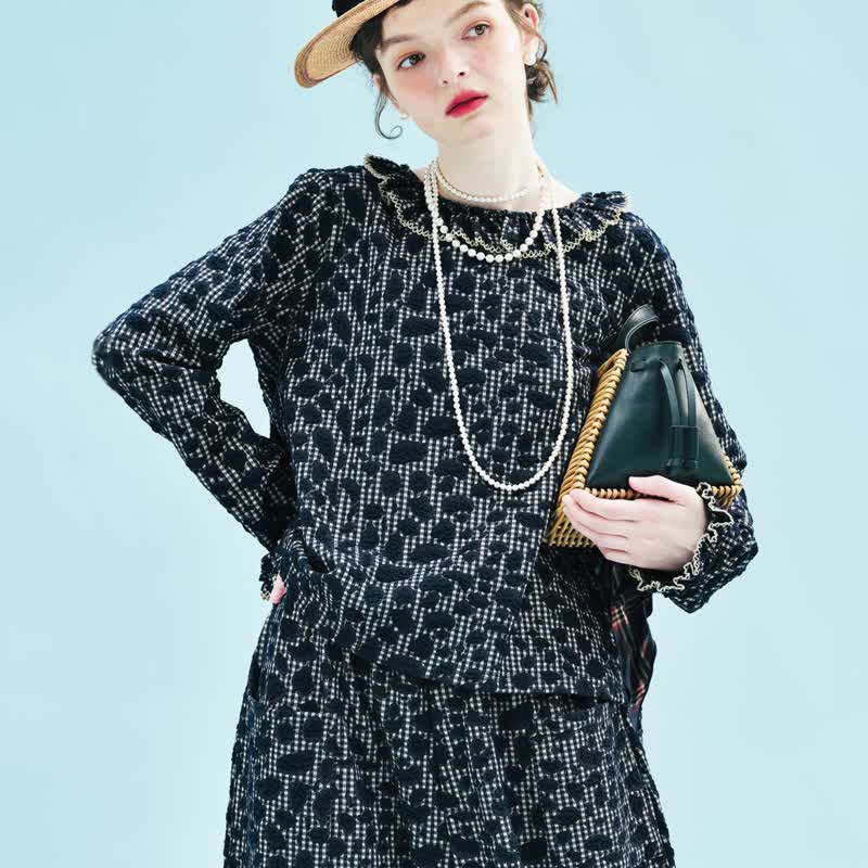 针织提花领长袖上衣 - 女装上衣 - 其他材质 蓝色