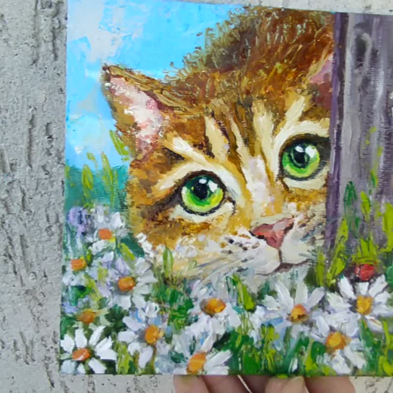 Cat Painting Pet Original Art Animals Wall Art Canvas Daisy Flower Painting Oil - 海报/装饰画/版画 - 其他材质 多色