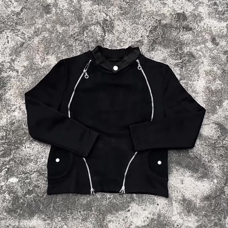 美式復古 小眾暗黑潮流 原創師裏布外翻 雙拉鏈黑色衛衣 - 男装外套 - 其他材质 黑色