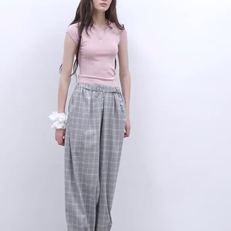 灰色格紋 松弛法式泡泡棉寬褲 翻折松緊氣球寬松長褲 - 女装长裤 - 棉．麻 灰色